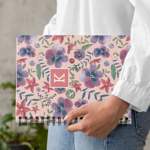 Cute violets on pink all-over print monogram notebook