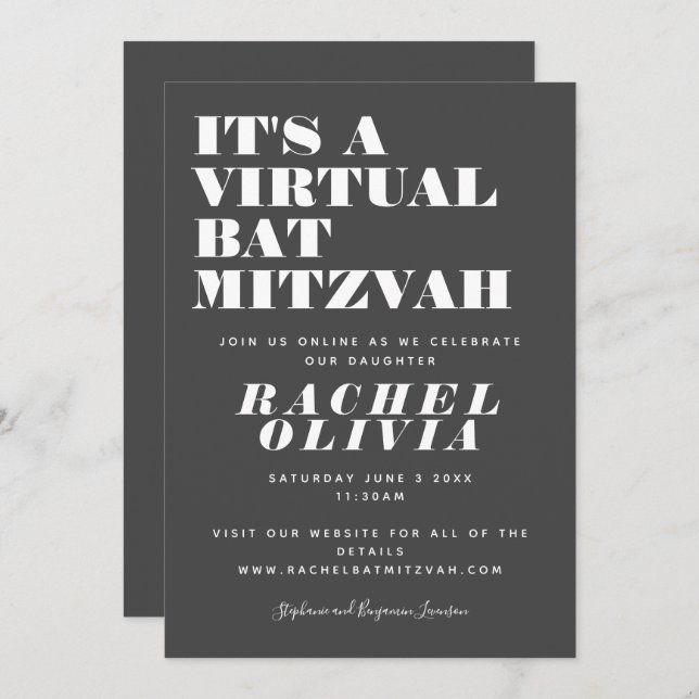 Cute Virtual Online Black and White Bat Mitzvah Invitation (Front/Back)