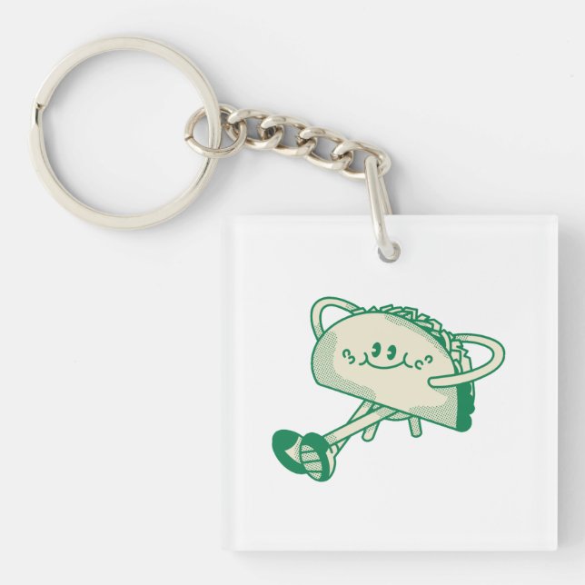 Cute Walking Green Taco Mascot Character Key Ring (Front)