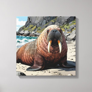 Cute Walrus on a Sandy Beach  Canvas Print