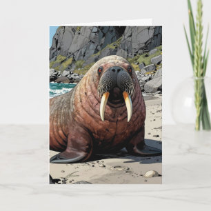 Cute Walrus on a Sandy Beach   Happy Birthday Card