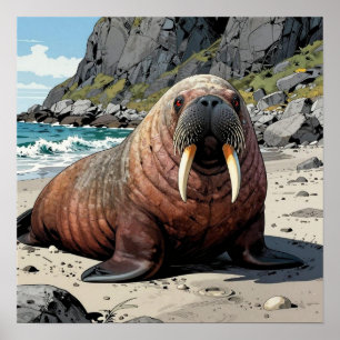 Cute Walrus on a Sandy Beach  Poster