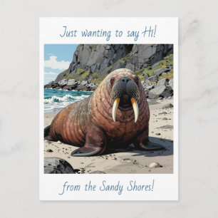 Cute Walrus on a Sandy Beach Saying Hello Postcard