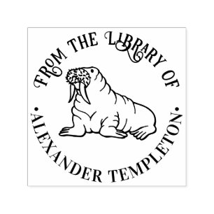 Cute Walrus Outline Round Library Book Name Self-inking Stamp