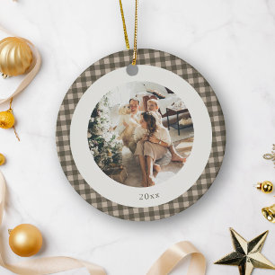 Cute Warm Fall Brown Plaid Custom Photo Christmas Ceramic Tree Decoration