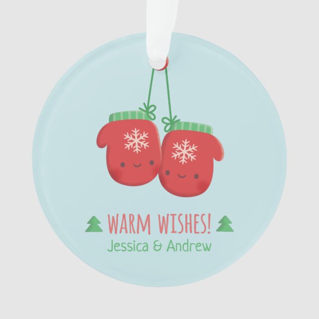 Cute Warm Wishes Christmas Mittens Couple Ornament (Front)
