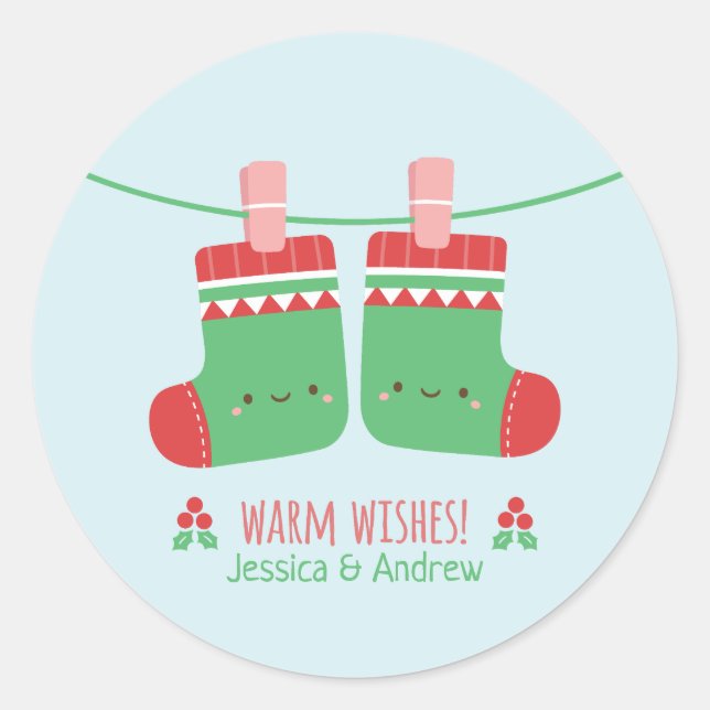 Cute Warm Wishes Christmas Socks Decor Classic Round Sticker (Front)