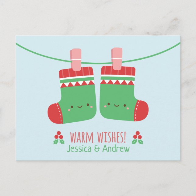 Cute Warm Wishes Christmas Stockings Couple Postcard (Front)