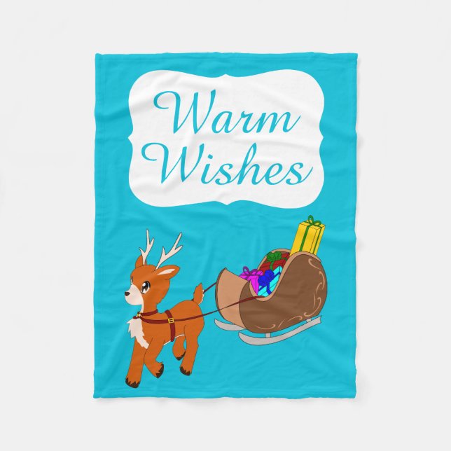 Cute Warm Wishes Reindeer Christmas Fleece Blanket (Front)