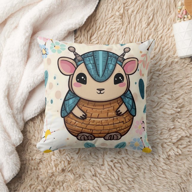Cute Warrior Armadillo in a Floral Print Cushion (Blanket)