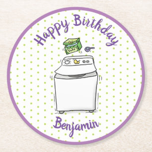 Cute washing machine laundry cartoon illustration round paper coaster