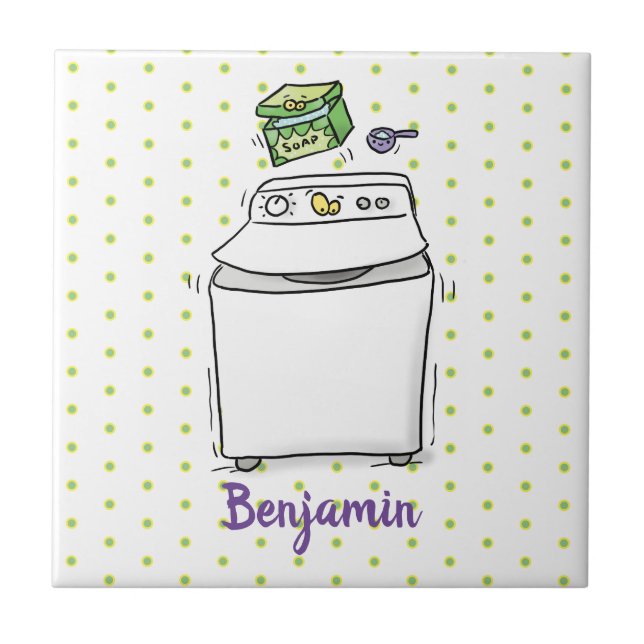Cute washing machine laundry cartoon illustration tile (Front)