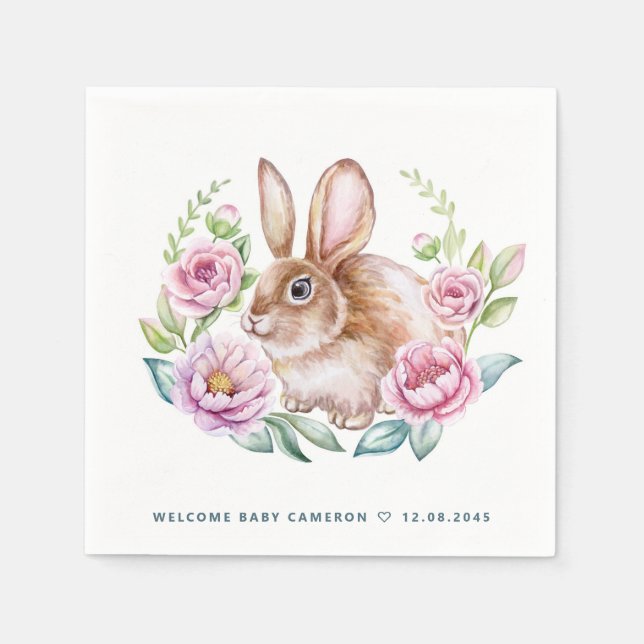 Cute Watecolor Bunny and Pink Flowers Baby Shower Napkin (Front)