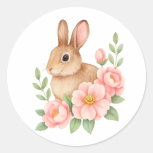 Cute Watecolor Bunny and Pink Flowers Birthday  Classic Round Sticker