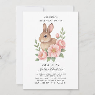 Cute Watecolor Bunny and Pink Flowers Birthday  Holiday Card