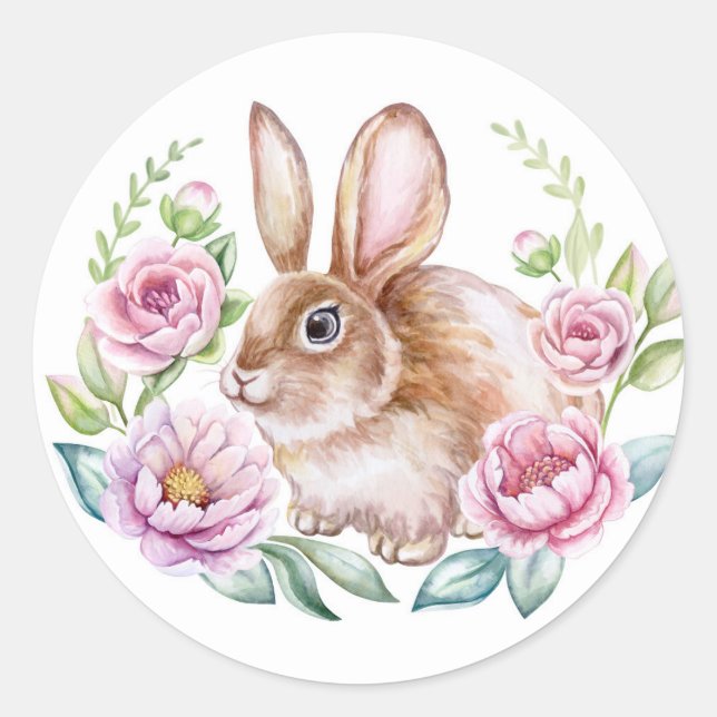 Cute Watecolor Bunny and Pink Flowers Classic Round Sticker (Front)