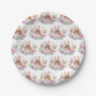 Cute Watecolor Bunny and Pink Flowers Pattern Paper Plate