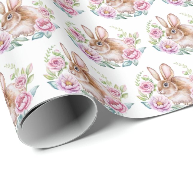 Cute Watecolor Bunny and Pink Flowers Pattern Wrapping Paper (Roll Corner)