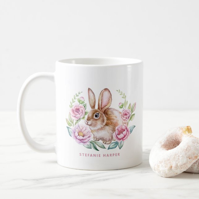 Cute Watecolor Rabbit and Pink Flowers Custom Coffee Mug (With Donut)