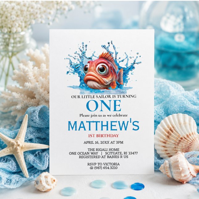 Cute Water Blue Fish 1st Birthday Invitation (Cute Water Blue Fish 1st Birthday Invitation)