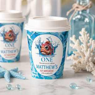 Cute Water Blue Fish 1st Birthday Paper Cups