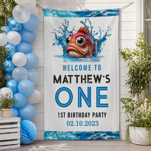 Cute Water Blue Fish 1st Birthday Party Banner