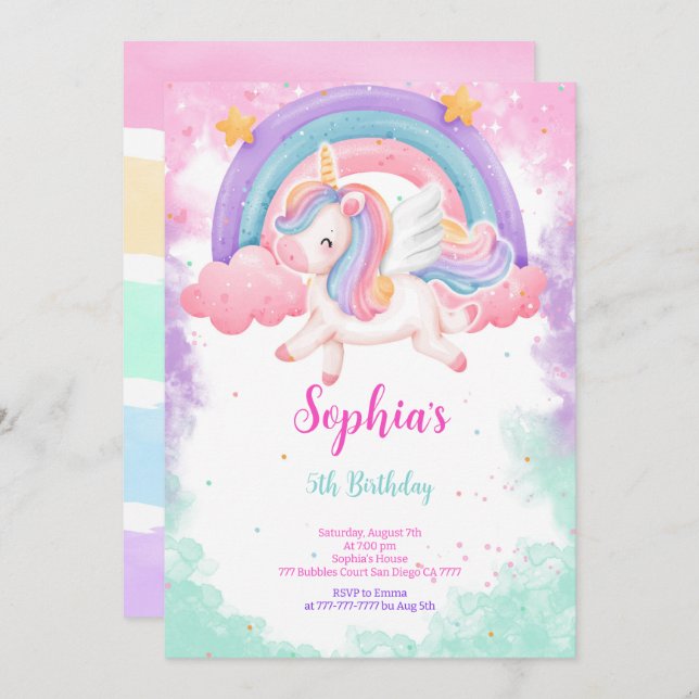 Cute Water Colour Unicorn Invitation (Front/Back)