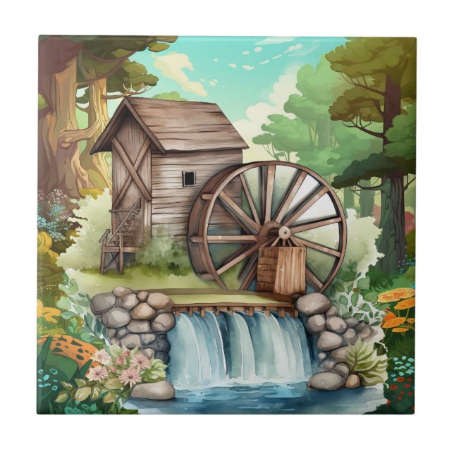 cute water wheel Country  Tile (Front)