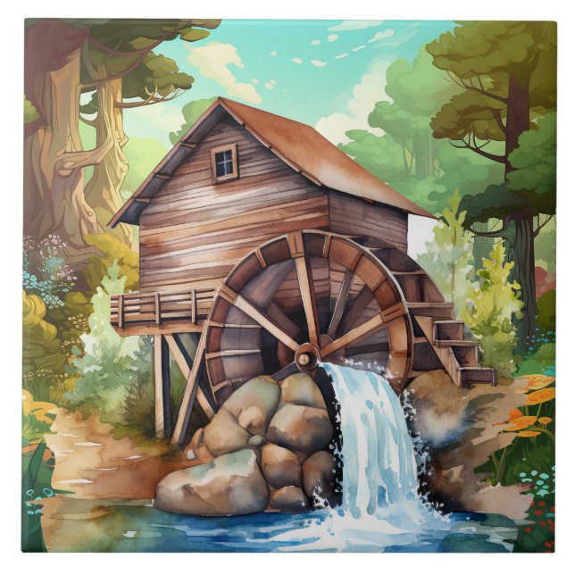 cute water wheel Country  Tile (Front)