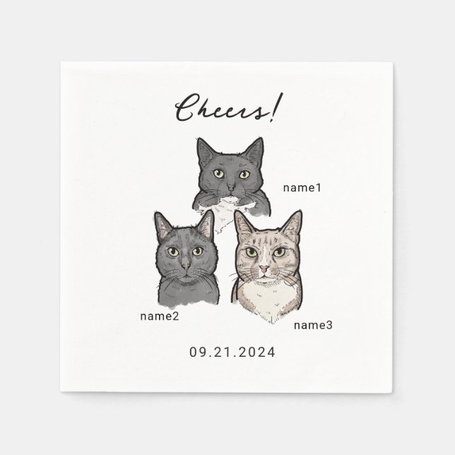 Cute Watercolor 3 Cats Cheers Wedding Cocktail  Napkin (Front)