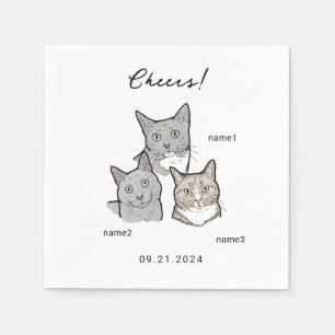 Cute Watercolor 3 Cats Cheers Wedding Cocktail Napkin