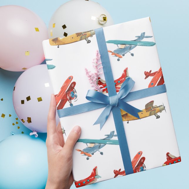 Cute Watercolor Aeroplanes Flying in Sky Wrapping Paper (Creator Uploaded)