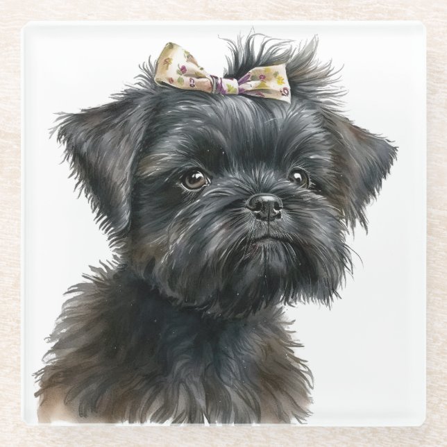 CUTE WATERCOLOR AFFENPINSCHER PUPPY DOG FACE GLASS COASTER (Front)