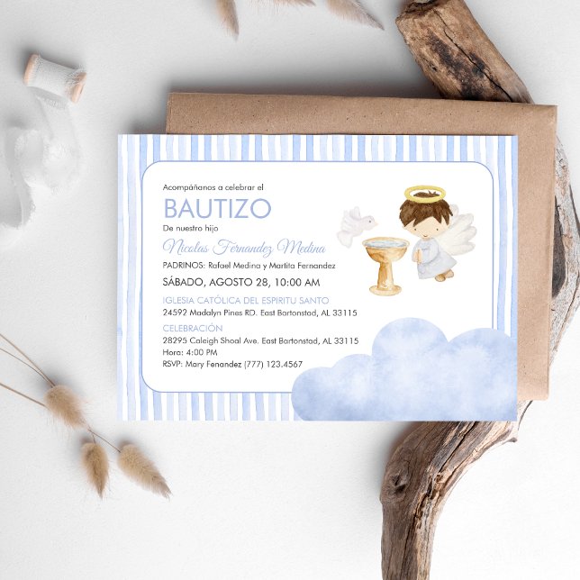 Cute Watercolor Angel Boy Catholic Baptism Invitation (Creator Uploaded)