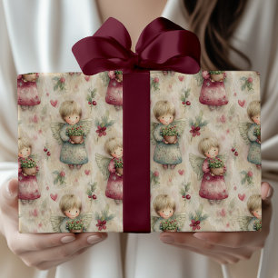 Cute Watercolor Angel Christmas Potted Floral Wrapping Paper