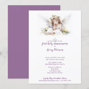 Cute Watercolor Angel Cross First Holy Communion Invitation