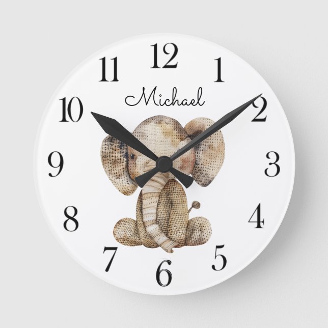 Cute Watercolor Animal Elephant  Nursery  Round Clock (Front)