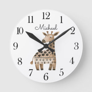 Cute Watercolor Animal Giraffe  Nursery  Round Clock
