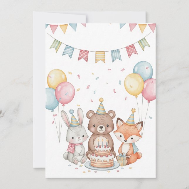 Cute Watercolor Animals at Birthday Celebration Card (Front)