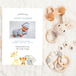 Cute watercolor animals Baby Boy Photo birth Announcement