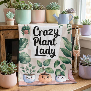 Cute Watercolor Animated Houseplant  Tea Towel