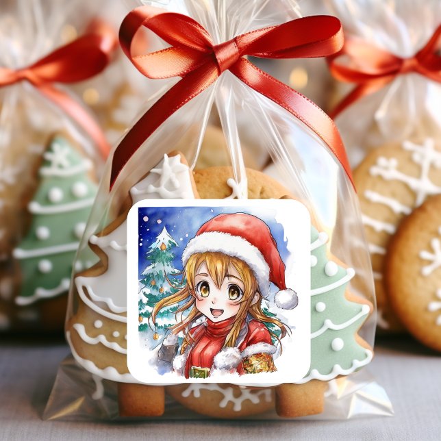 Cute Watercolor Anime Girl Christmas Square Sticker (Creator Uploaded)