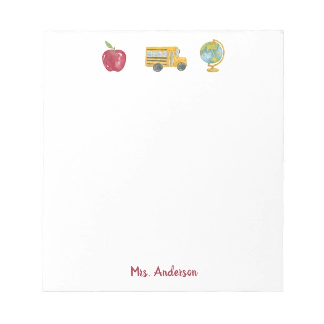 Cute Watercolor Apple School Bus Teacher Name Notepad (Front)