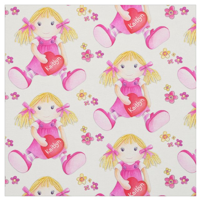Cute watercolor art rag doll repeat pattern fabric (Swatch)
