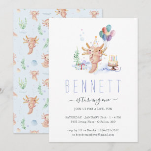 Cute Watercolor Axolotl Birthday Party Invitation