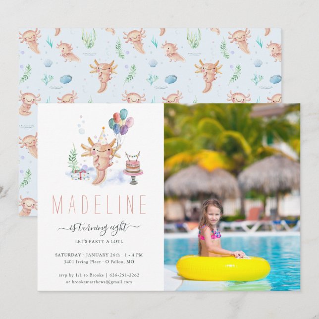 Cute Watercolor Axolotl Birthday Party Photo Invit Invitation (Front/Back)