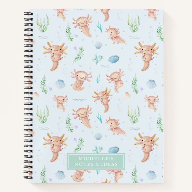 Cute Watercolor Axolotl Pattern Monogram Notebook (Front)
