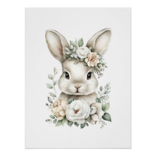 Cute Watercolor Baby Animals with Flowers Poster