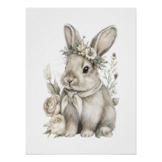 Cute Watercolor Baby Animals with Flowers Poster