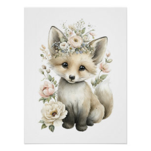 Cute Watercolor Baby Animals with Flowers Poster